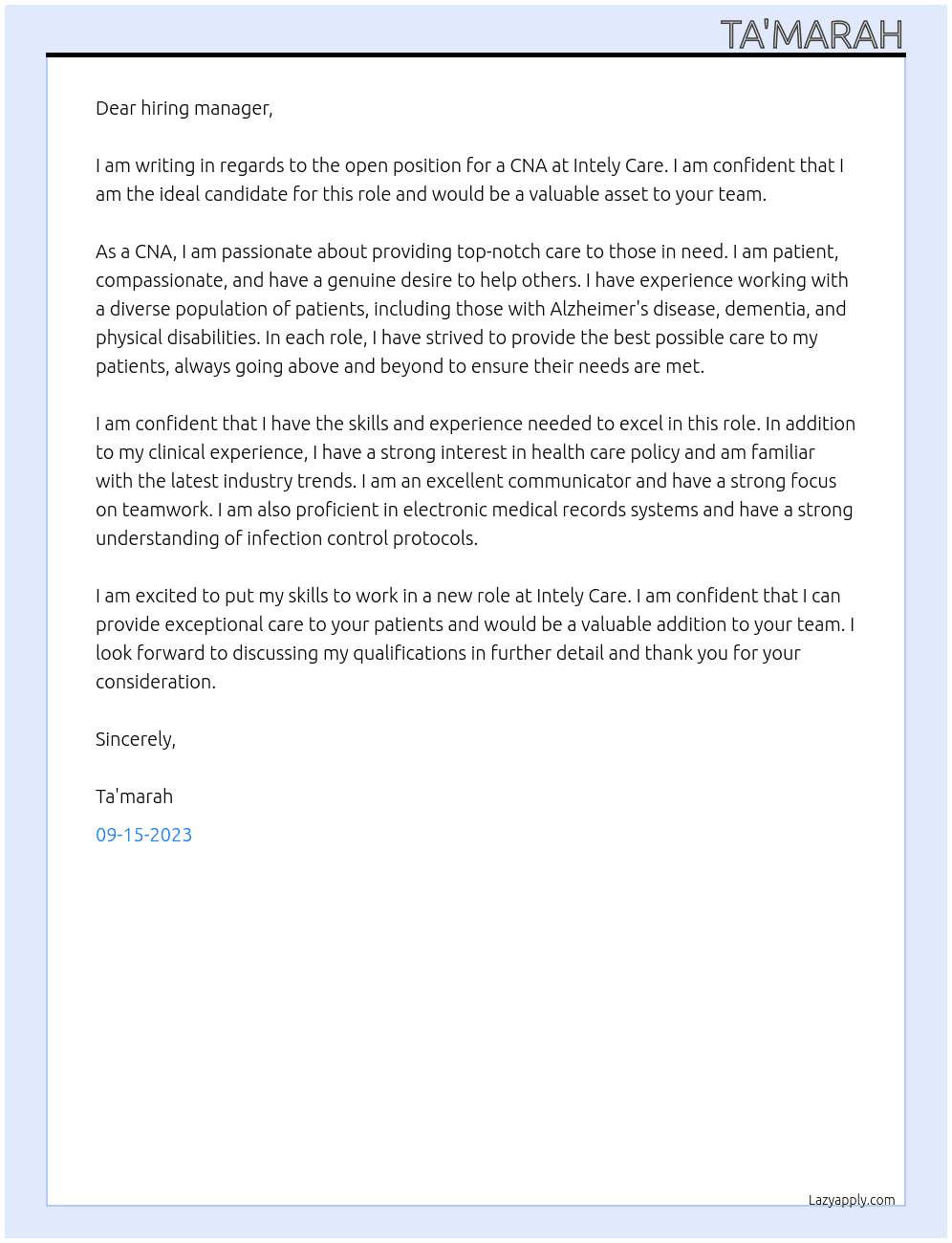 cna At Intely Care Cover Letter