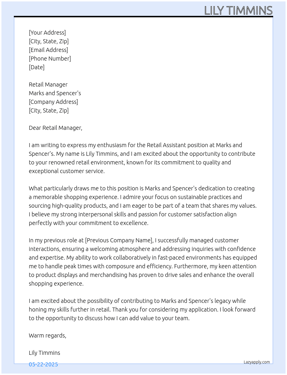Retail assistant  At Marks and Spencer's  Cover Letter