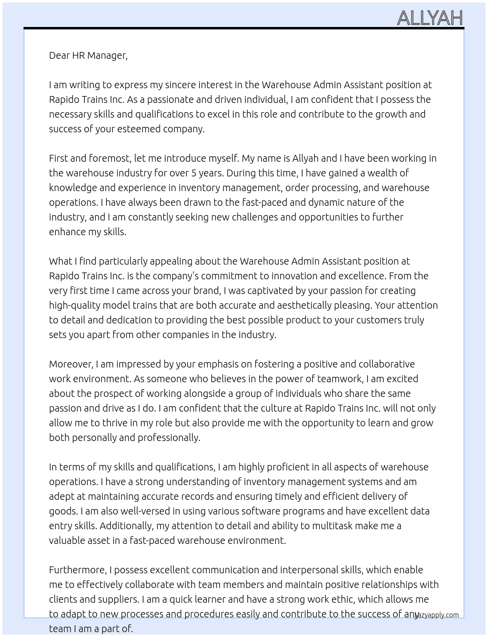 warehouse Admin Assistant At Rapido Trains Inc. Cover Letter