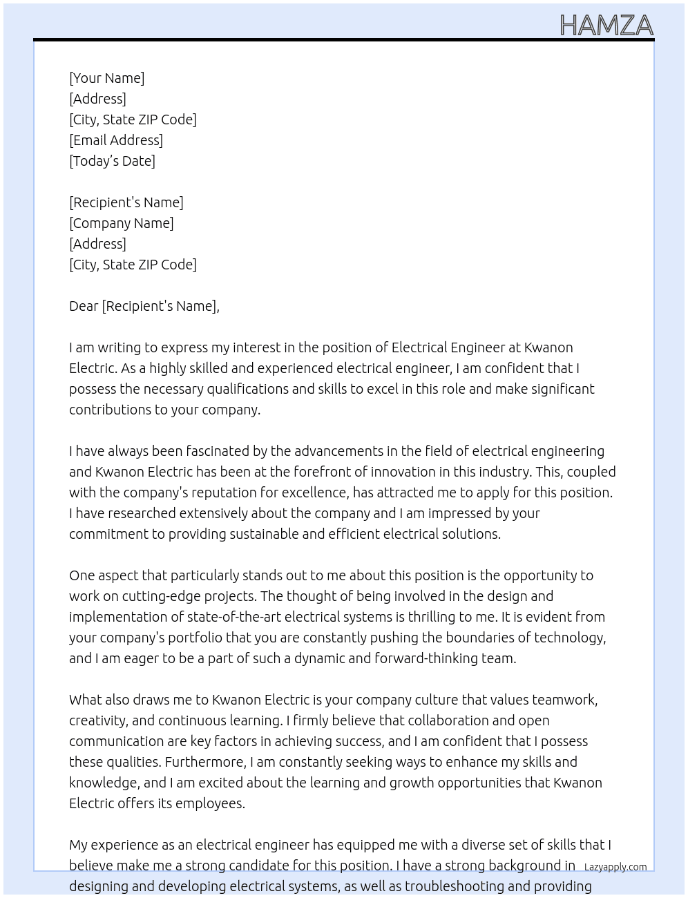 Electrical engineer  At Kwanon Electric  Cover Letter