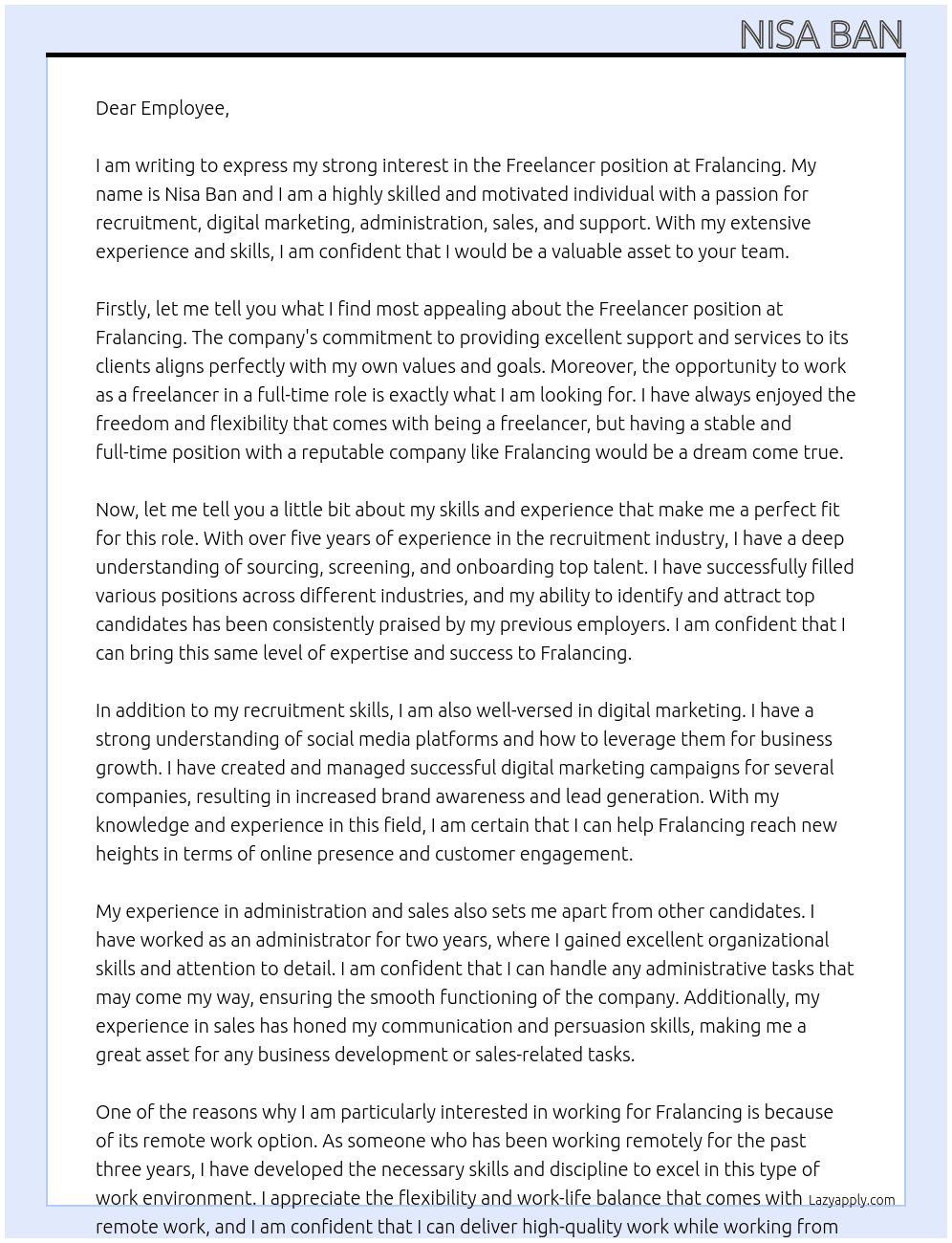 Freelancer At Fralancing Cover Letter