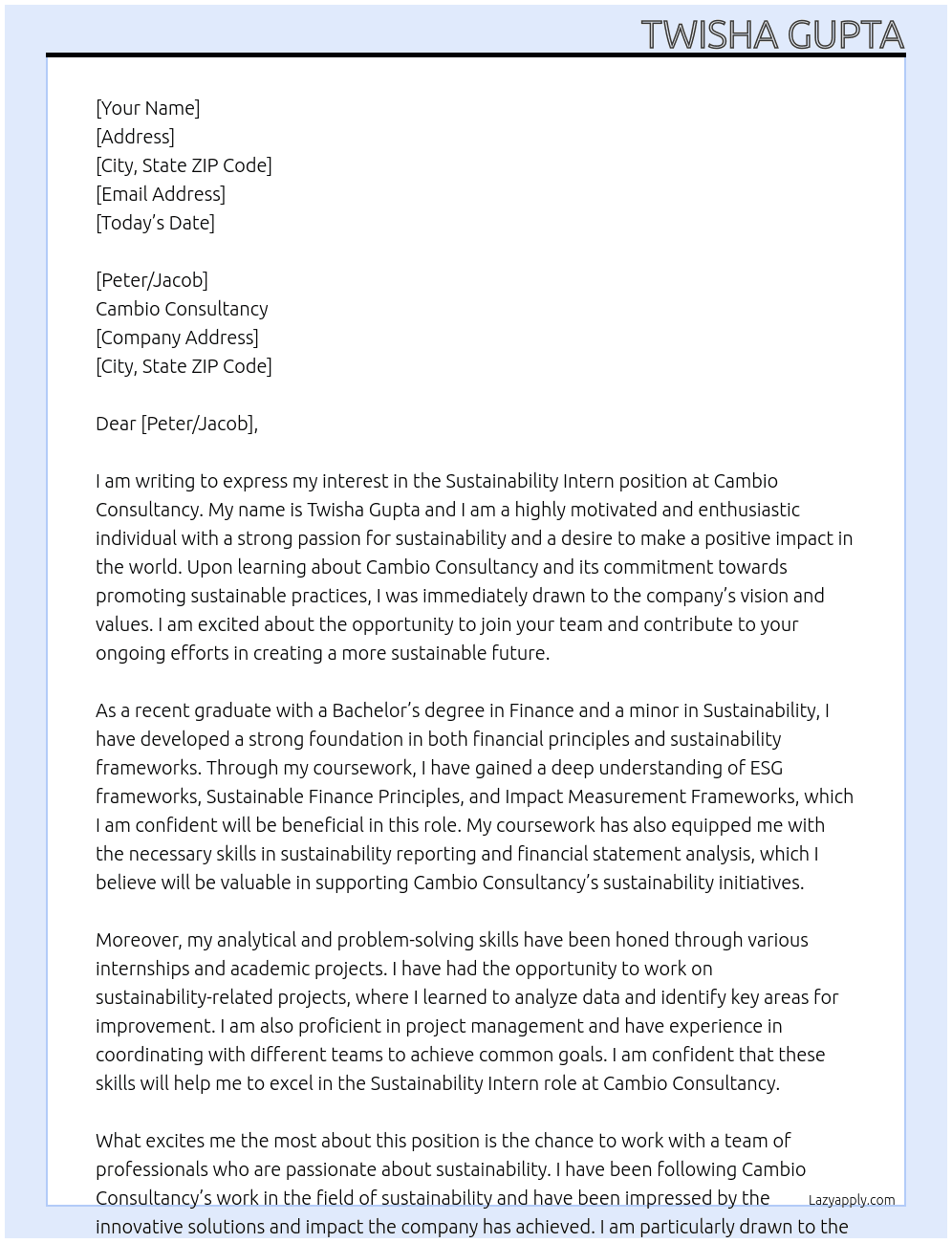 Sustainability Intern At Cambio Consultancy Cover Letter