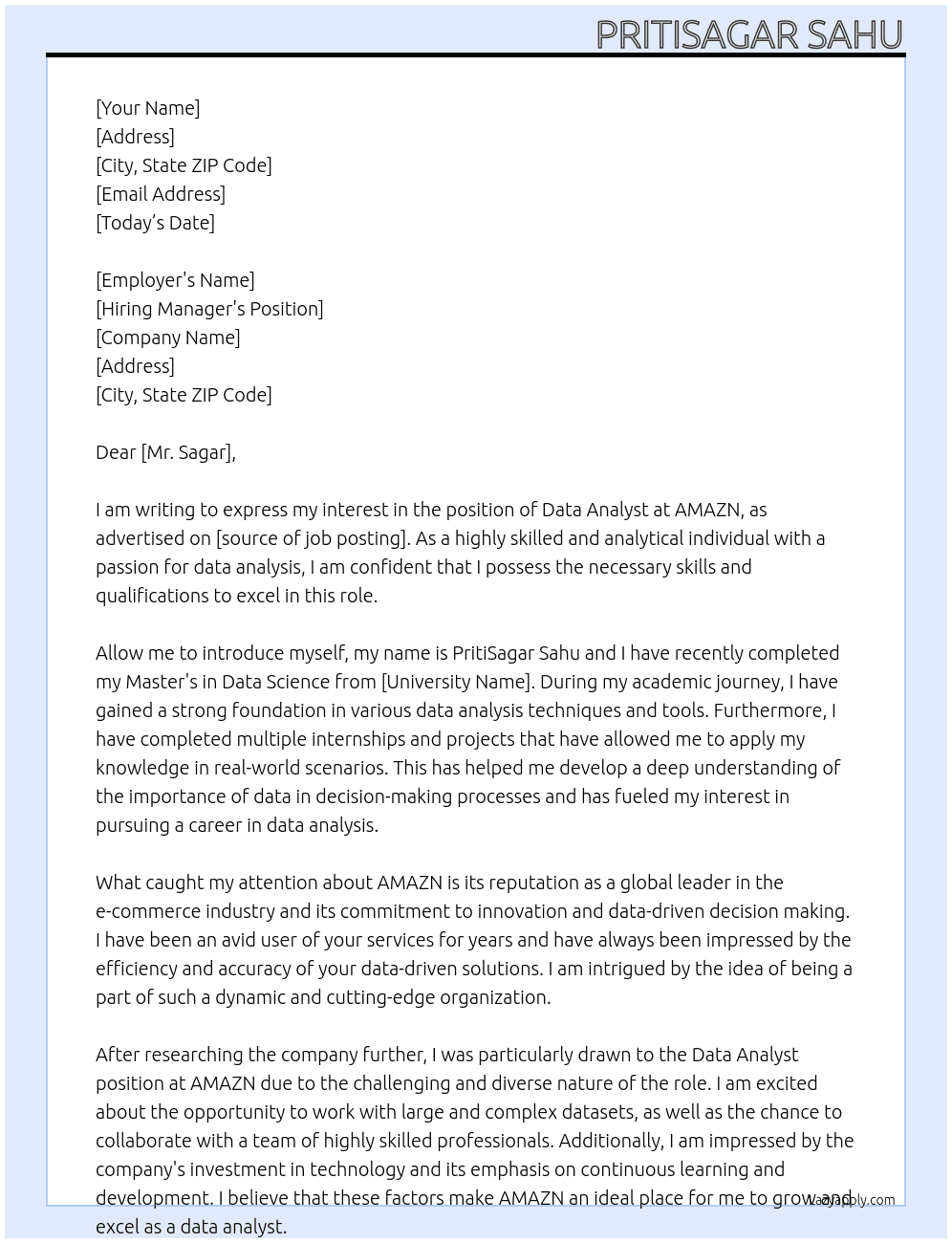 DATA ANALYST At AMAZN Cover Letter
