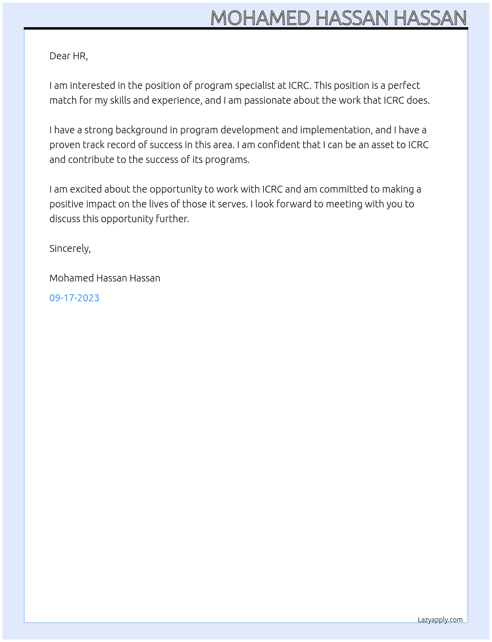 program specialist  At ICRC Cover Letter