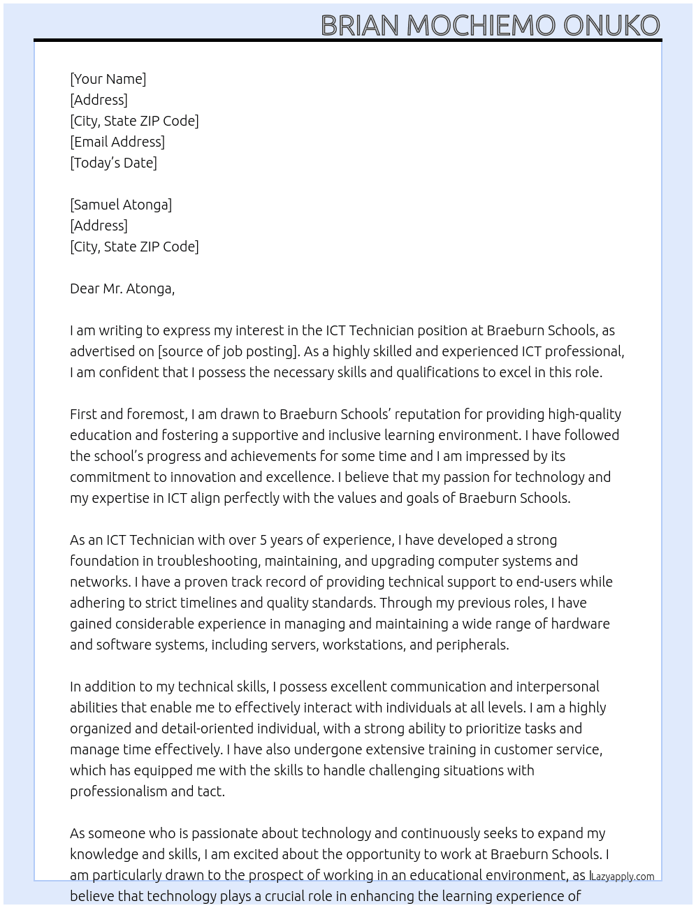ict technician At Braeburn Schools Cover Letter