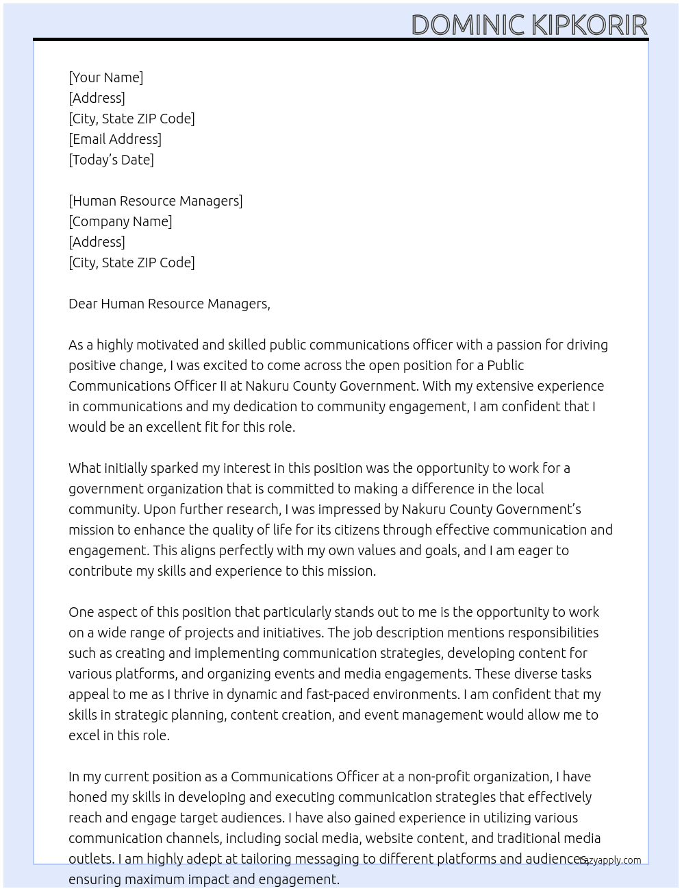 public communications officer ii At NAKURU COUNTY GOVERMENT Cover Letter