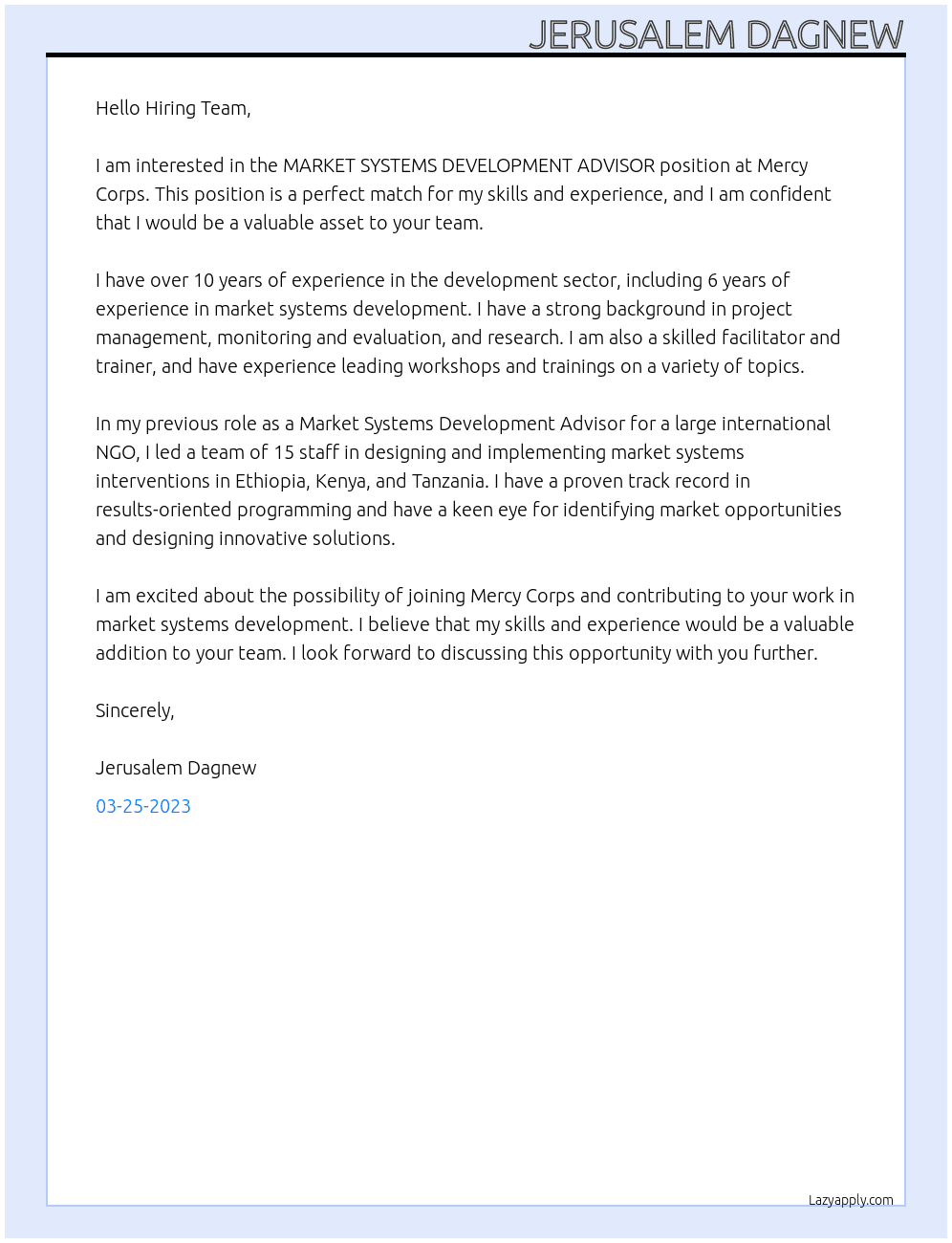 MARKET SYSTEMS DEVELOPMENT ADVISOR At Mercy Corps Cover Letter