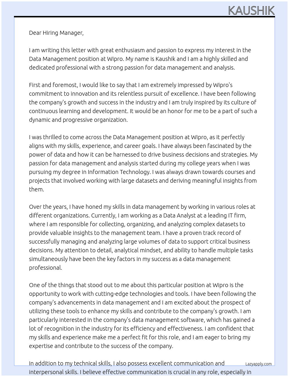 Data management  At Wipro Cover Letter