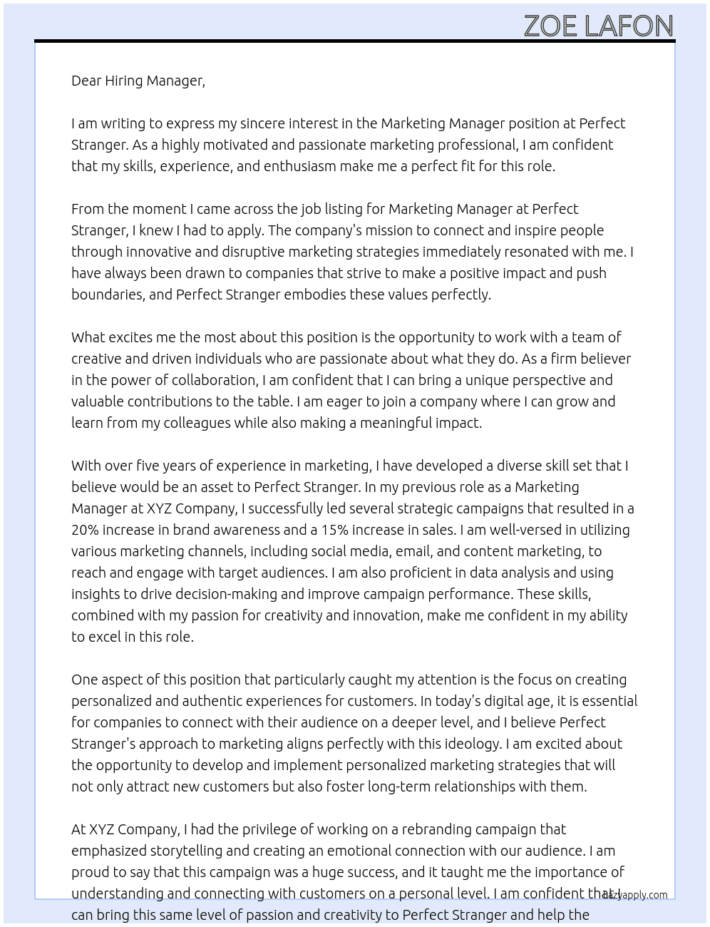 Marketing Manager At Perfect Stranger Cover Letter