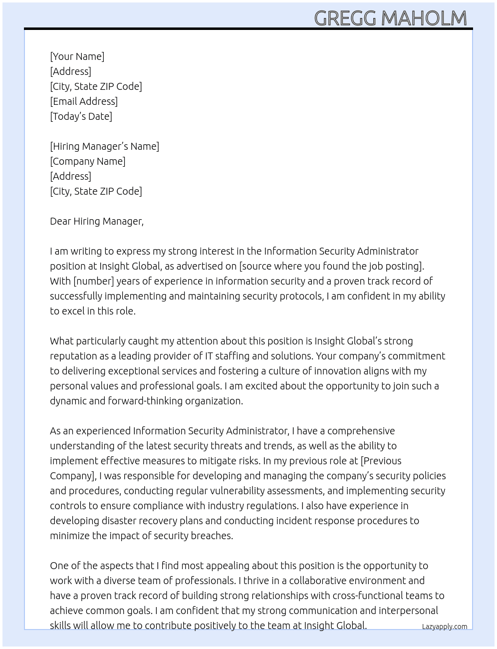 Information Security Administrator At insight Global Cover Letter