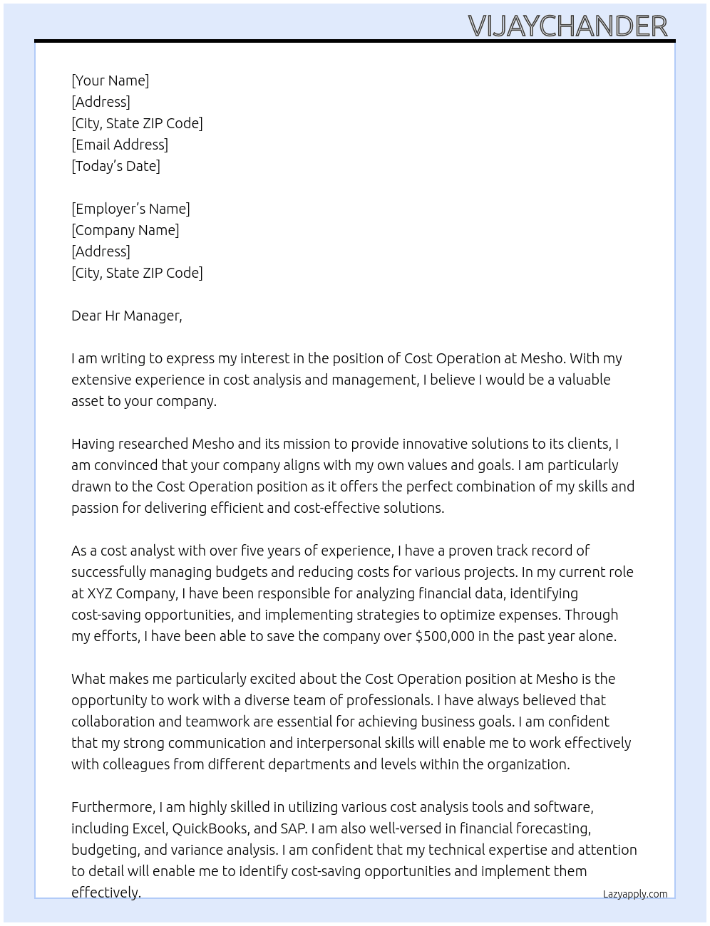 Cost operation  At Mesho  Cover Letter
