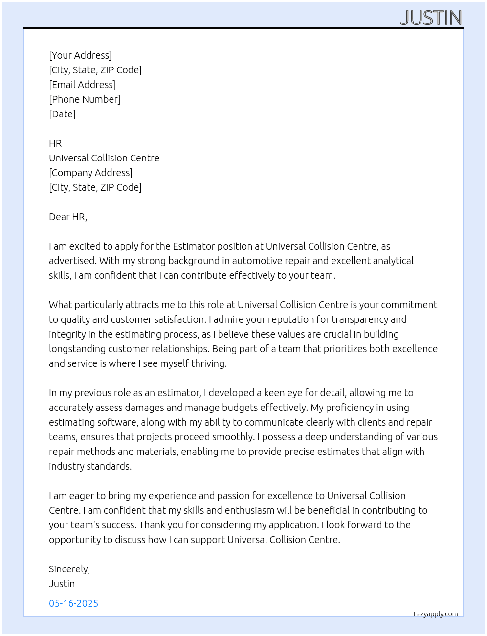 Estimator At Universal Collision Centre Cover Letter