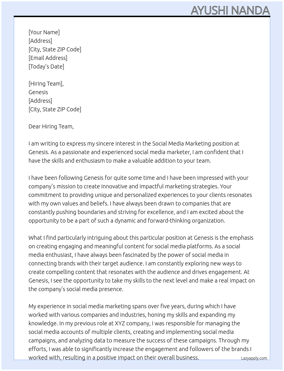 social media marketing At Genesis Cover Letter
