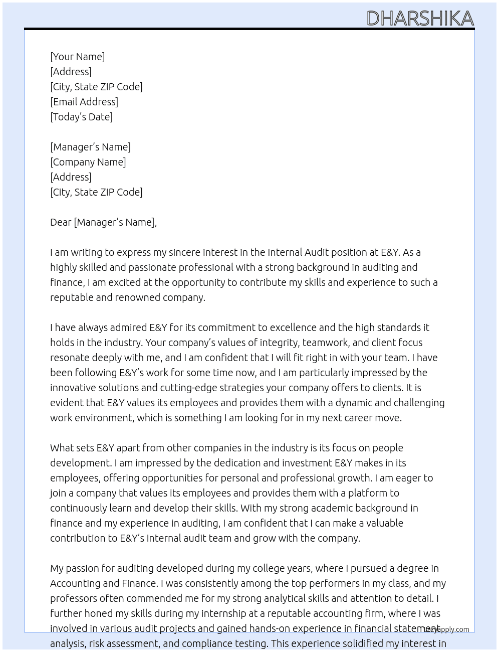 Internal Audit At E&Y Cover Letter