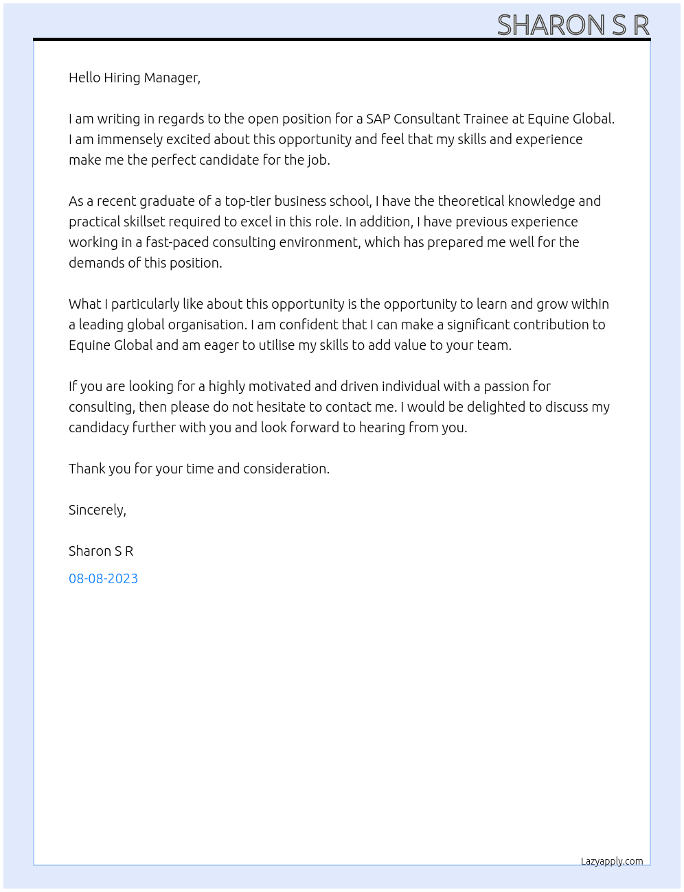 Sap  Consultant Trainee At Equine Global  Cover Letter