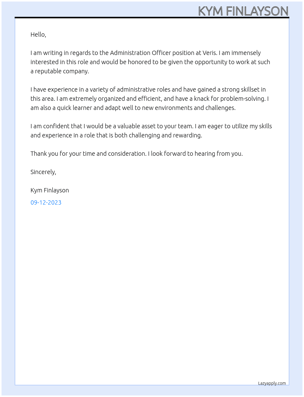 Administration Officer At Veris Cover Letter