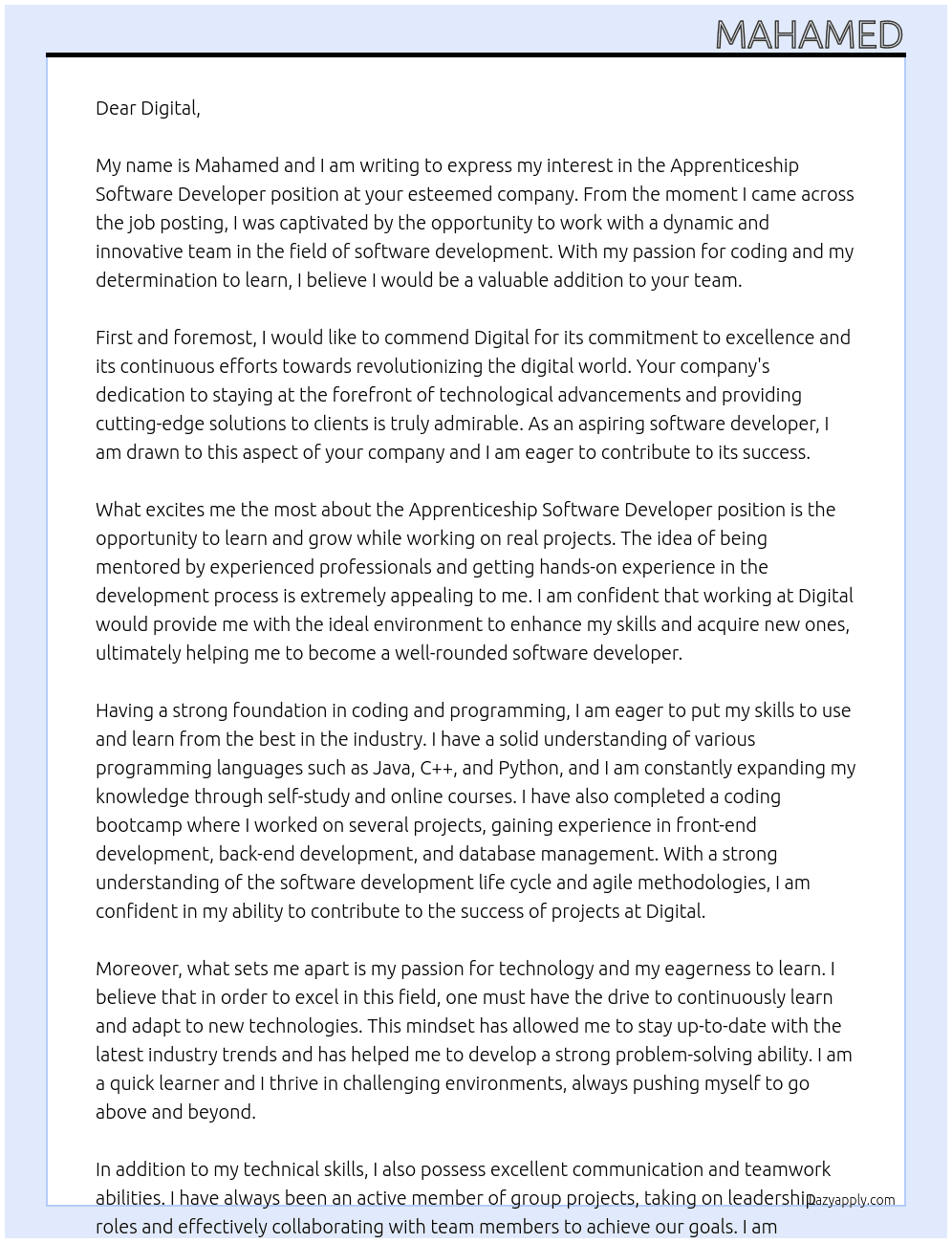 apprenticeship software developer At digital Cover Letter
