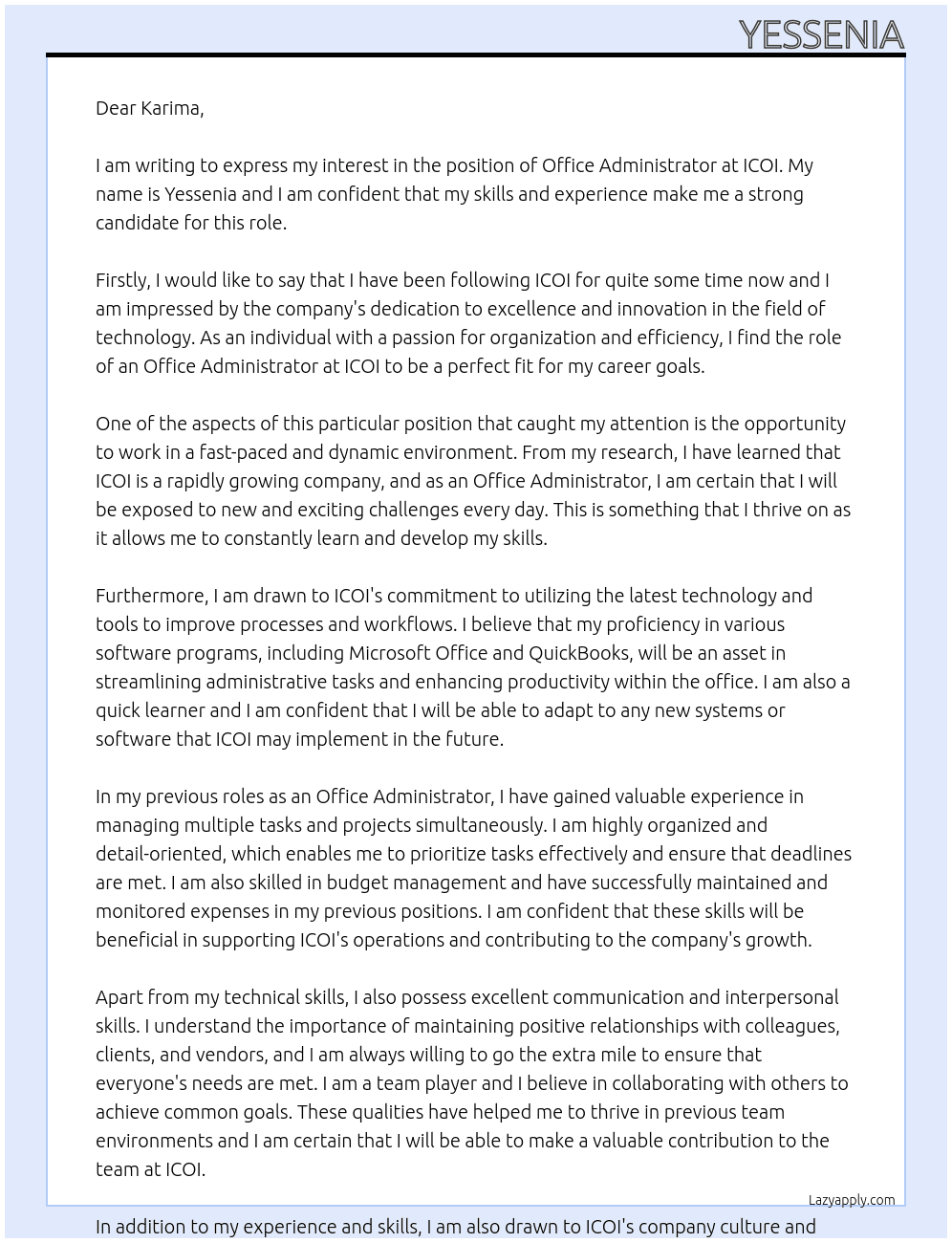 office administratorr At ICOI Cover Letter