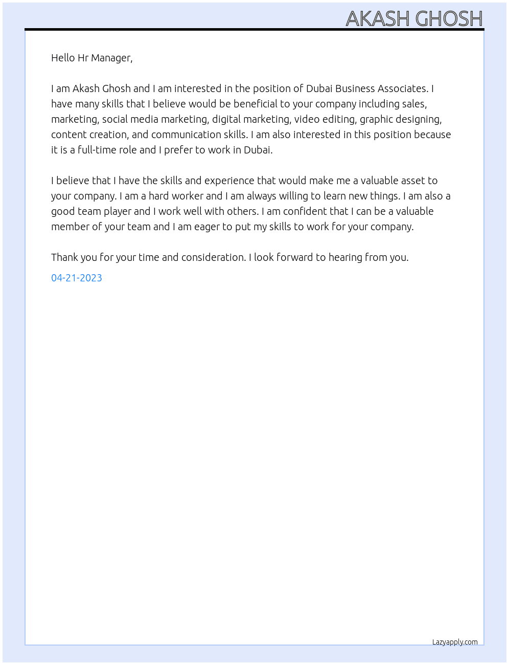 Dubai Business Associates  At Dubai Business Associates  Cover Letter