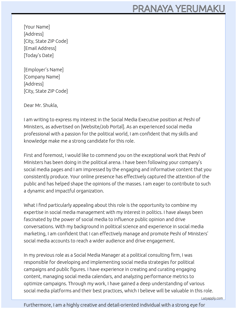 Social Media Executive At Peshi of Ministers Cover Letter