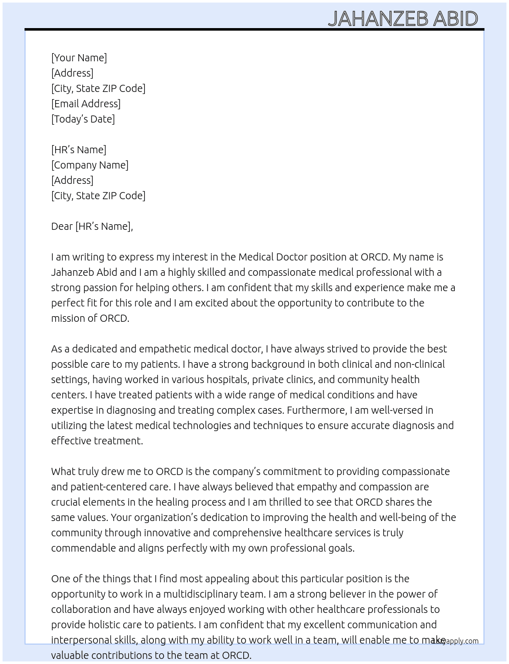 Medical Doctor  At ORCD Cover Letter