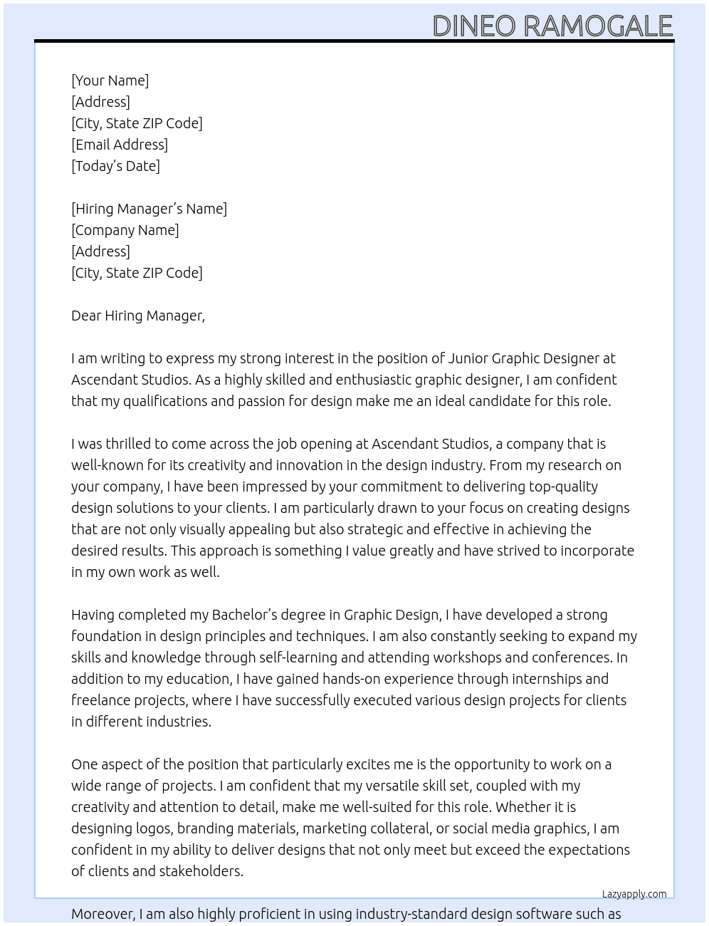 Junior Graphic Design At Ascendant Studios Cover Letter