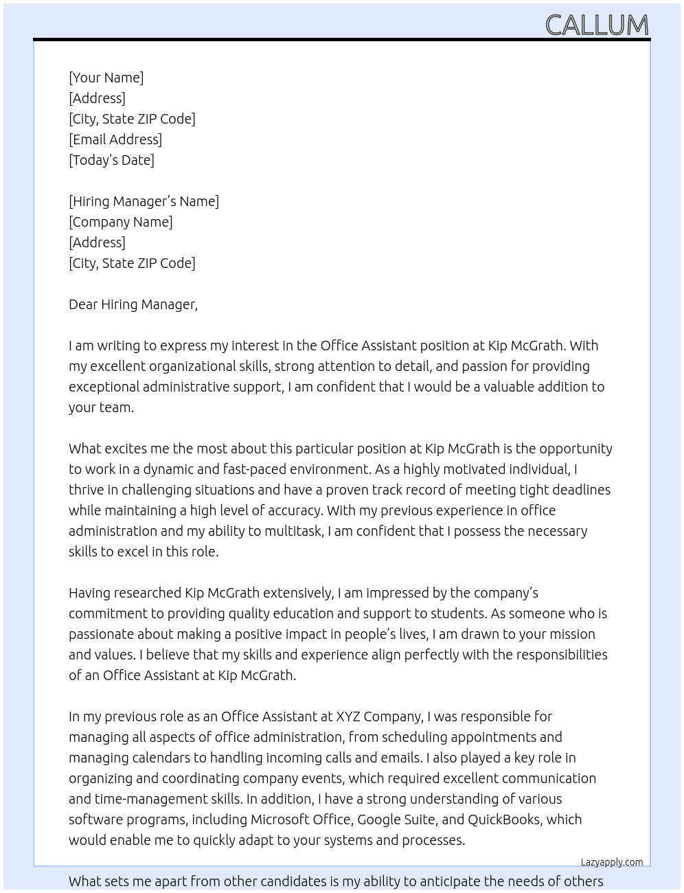 Office Assistant At Kip McGrath Cover Letter