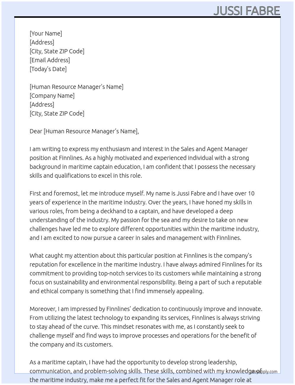 sales and agent manager At Finnlines Cover Letter