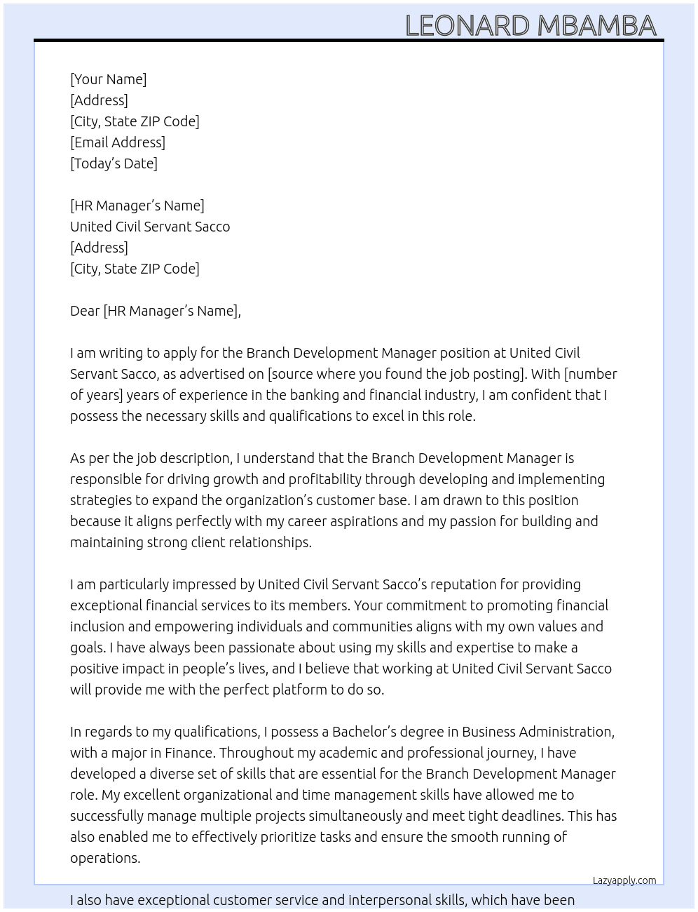 Branch development Manager At United Civil Servant Sacco  Cover Letter