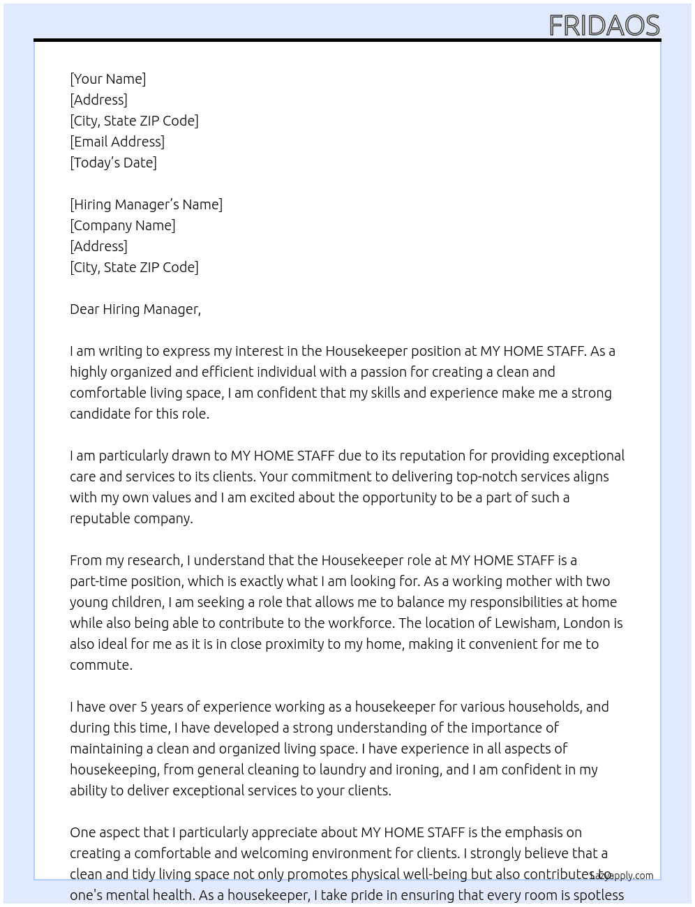 housekeeper At MY HOME STAFF Cover Letter