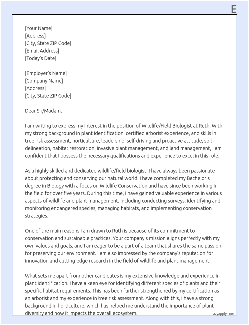 Wildlife/field biologists  At Ruth Cover Letter