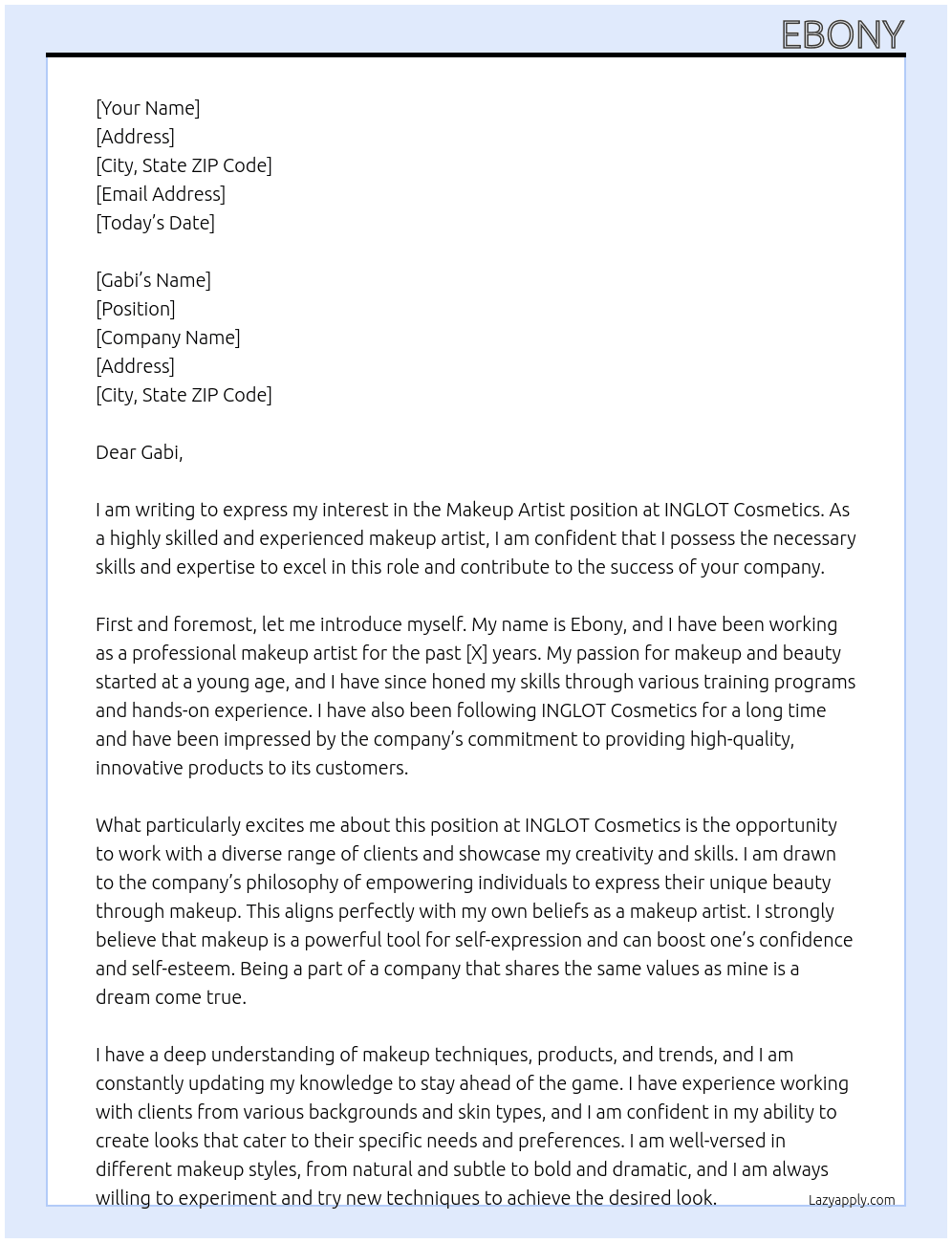 Makeup Artist  At INGLOT Cosmetics Cover Letter