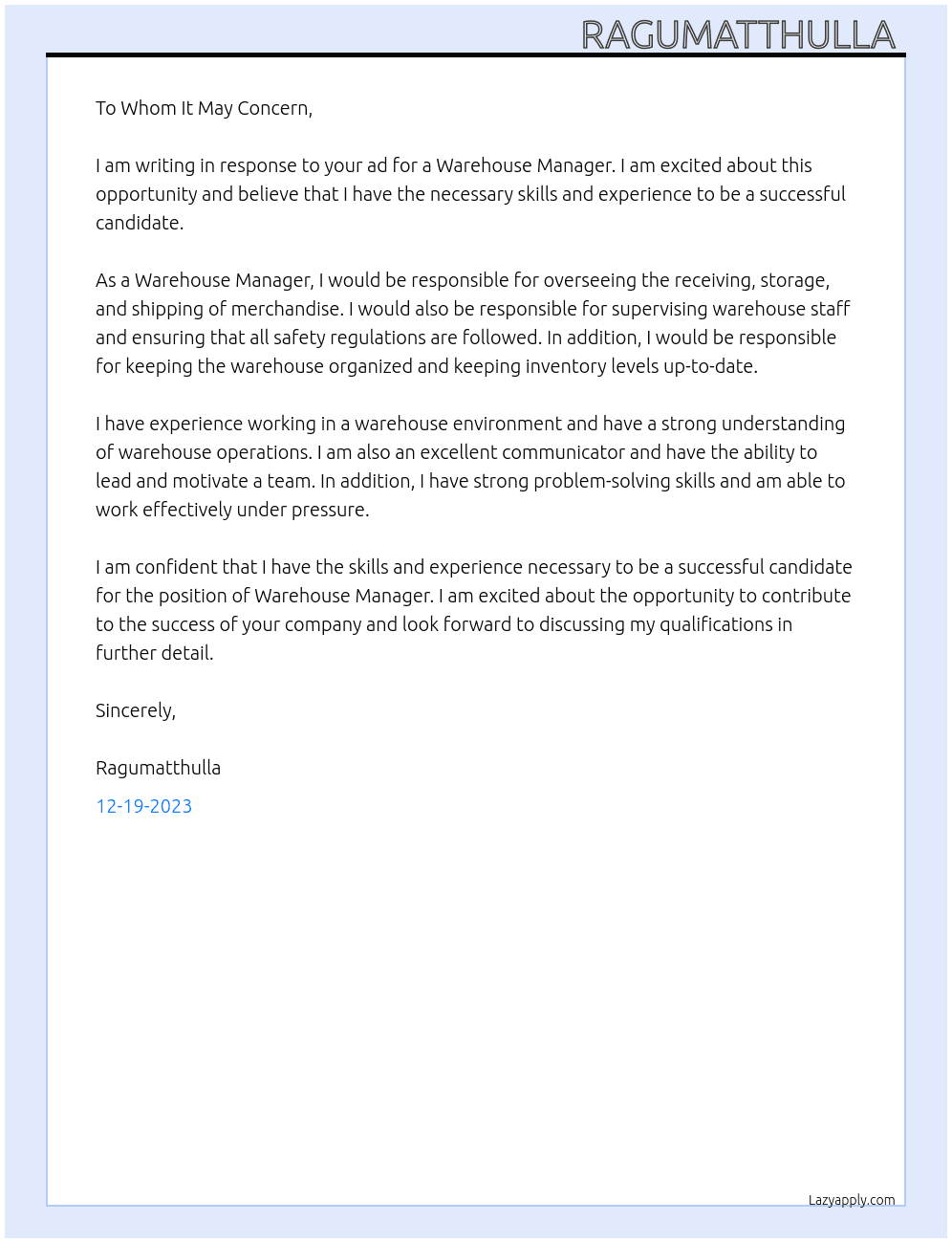Warehouse  At Warehouse  Cover Letter