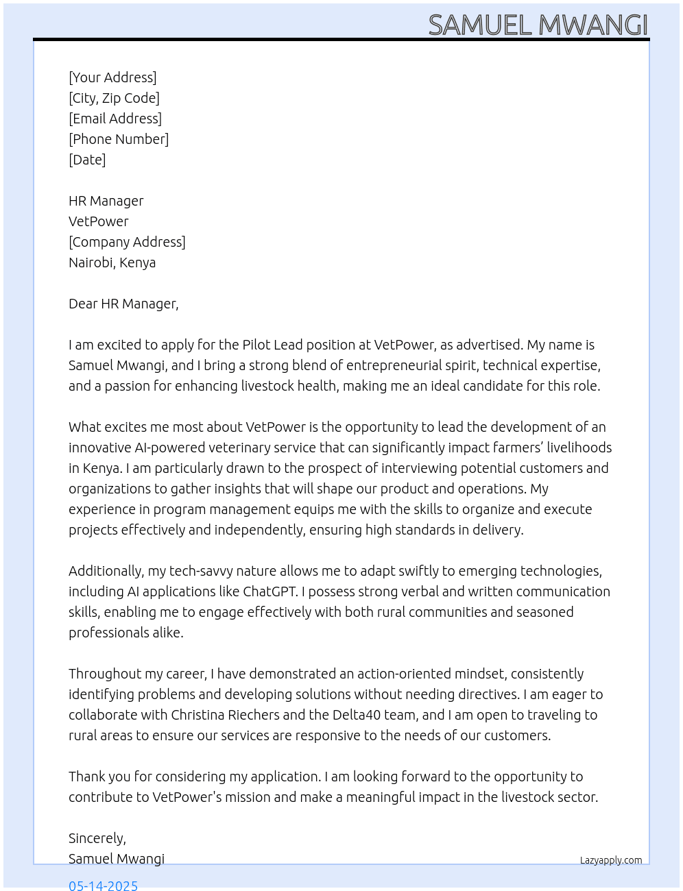 VetPower: Pilot Lead (Delta40 Venture-In-Residence) At VetPower Cover Letter