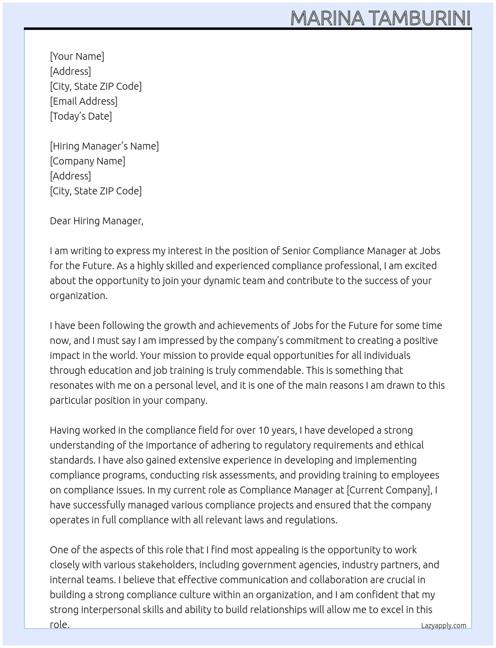 Senior Compliance Manager At Jobs for the Future Cover Letter