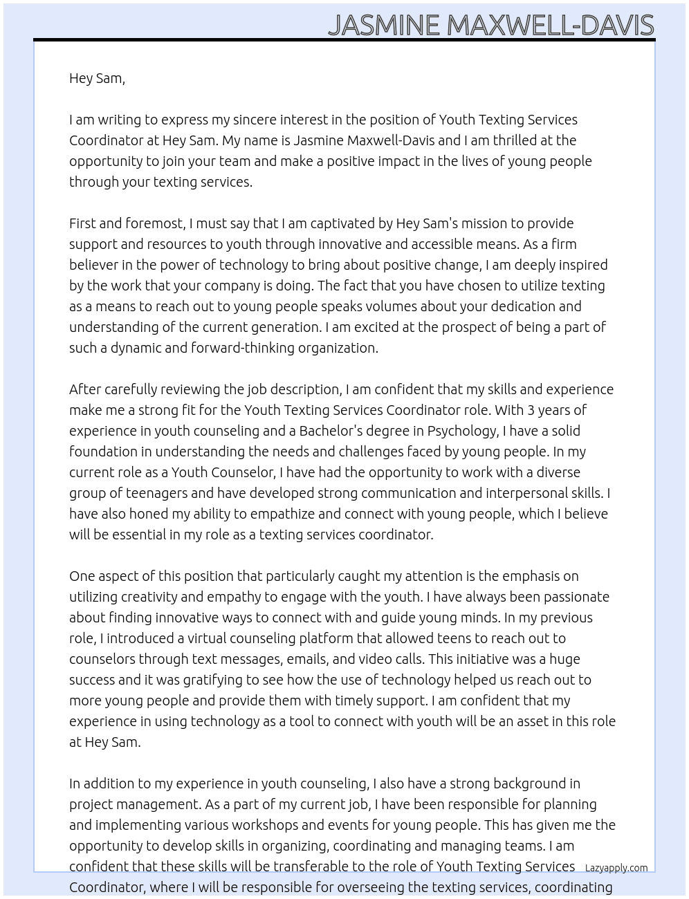 Youth Texting Services Coordinator At Hey Sam Cover Letter