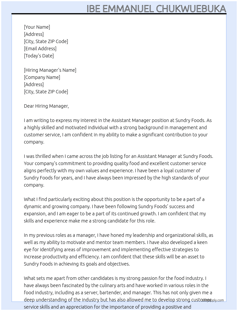 Assistant manager At Sundry foods Cover Letter