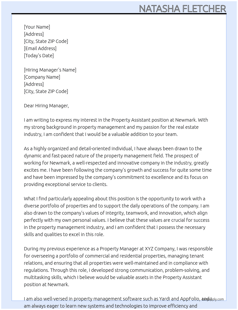 Property Assistant At Newmark Cover Letter