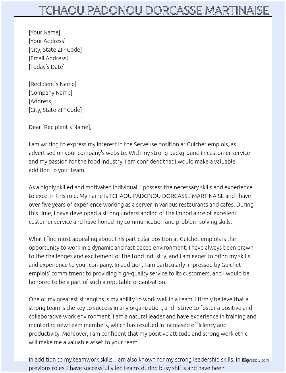 Serveuse  At Guichet emplois  Cover Letter