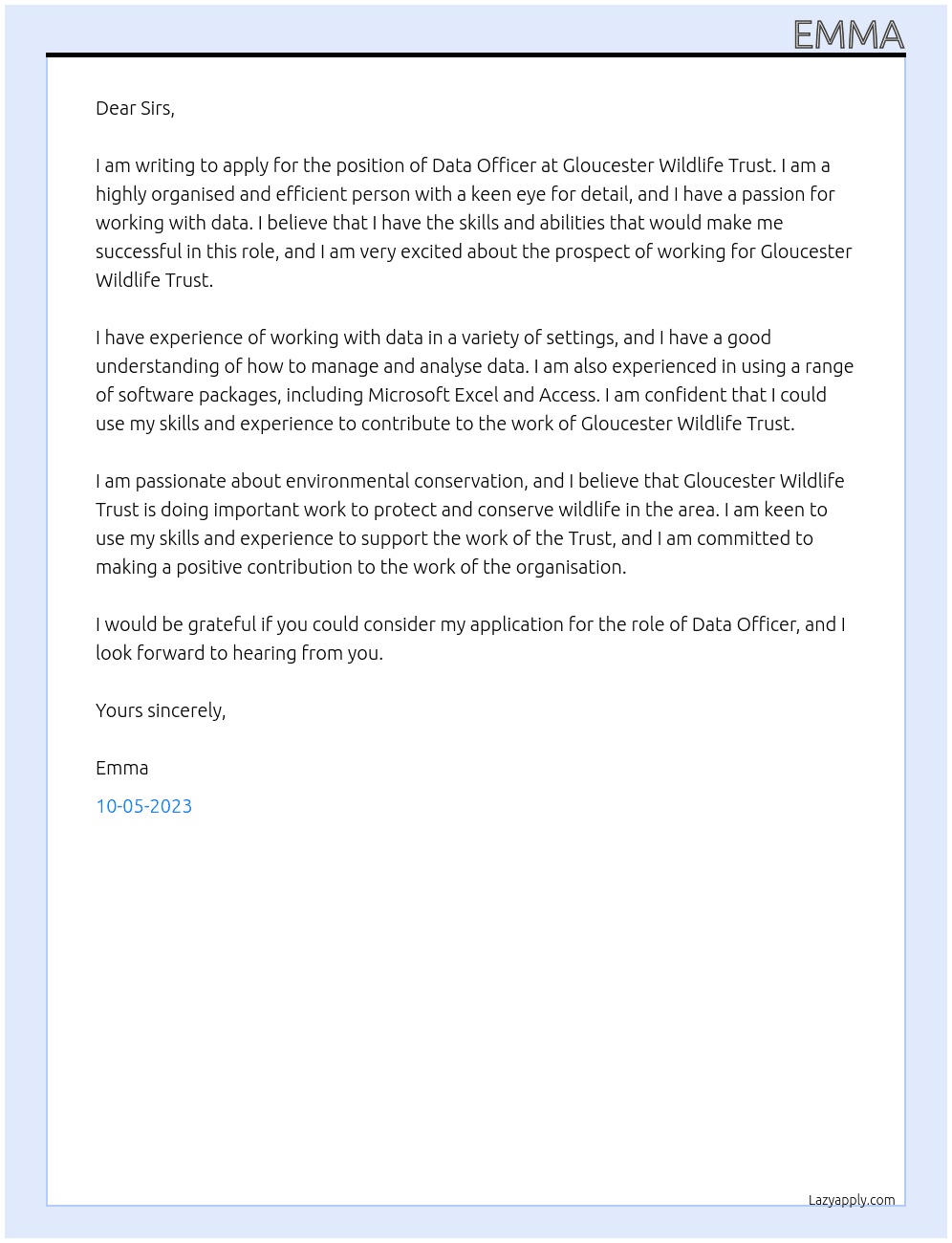 Data officer At Gloucester wildlife trust Cover Letter