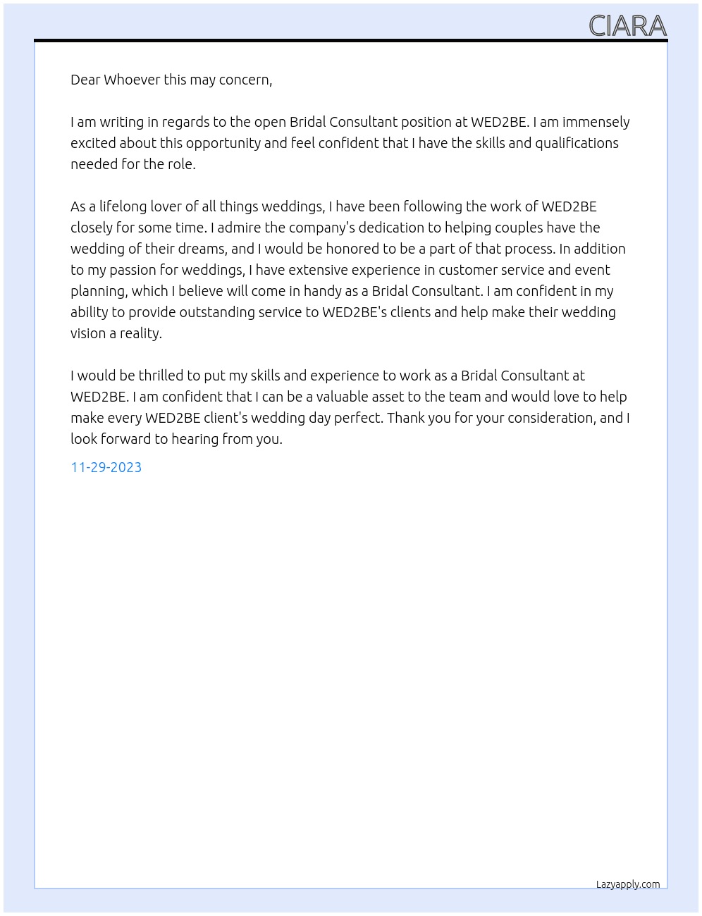 Bridal Consultant  At WED2BE Cover Letter