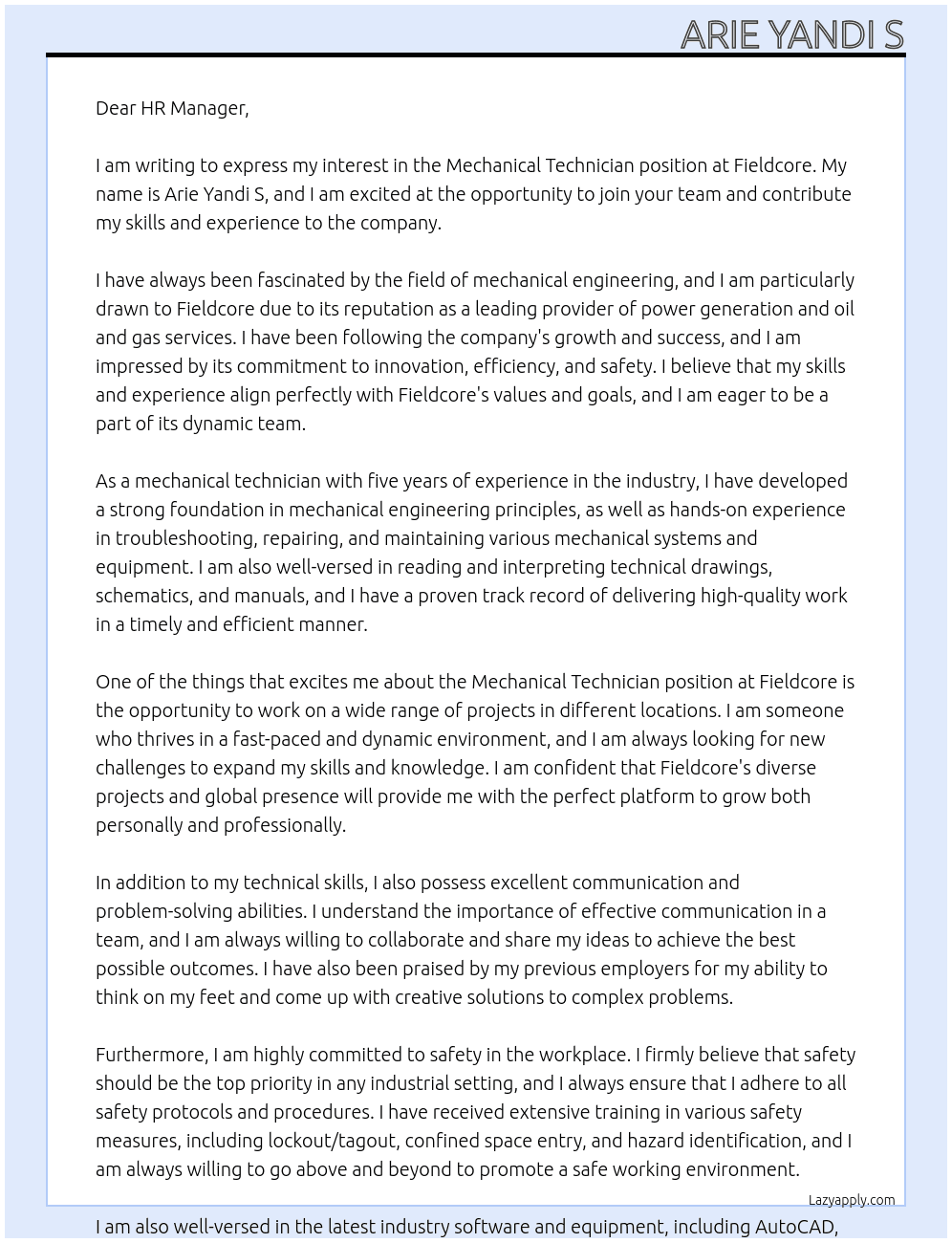 Mechanical Technician At Fieldcore Cover Letter