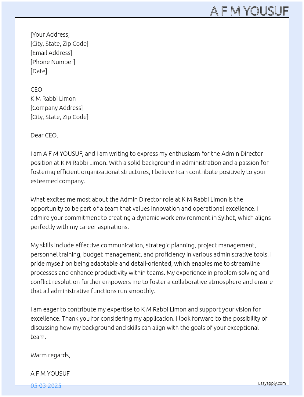 Admin Director At k m rabbi limon Cover Letter
