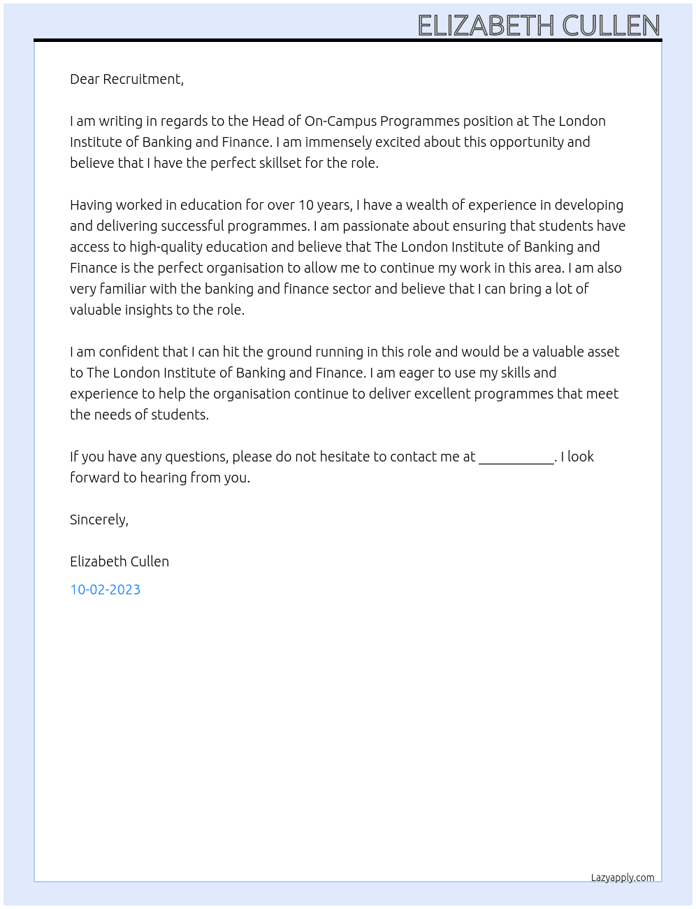 Head of On-Campus Programmes At The London Institute of Banking and Finance Cover Letter