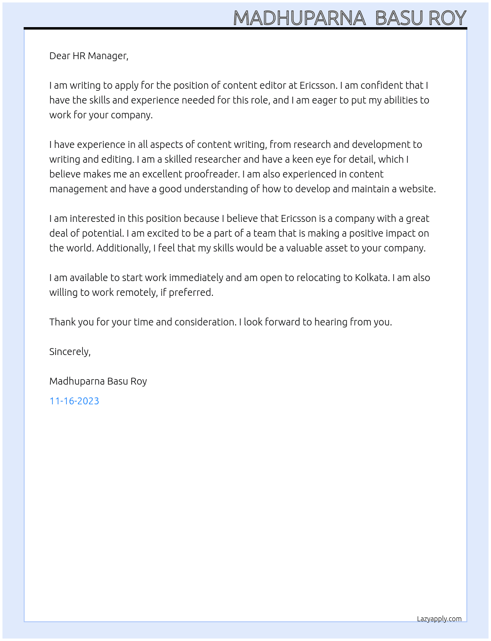 content editor At Ericsson Cover Letter