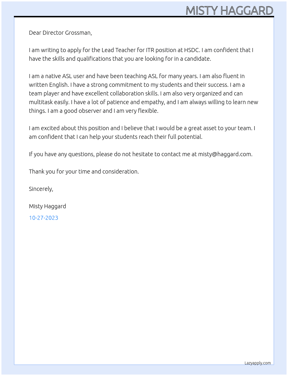 Lead Teacher for ITR At HSDC Cover Letter