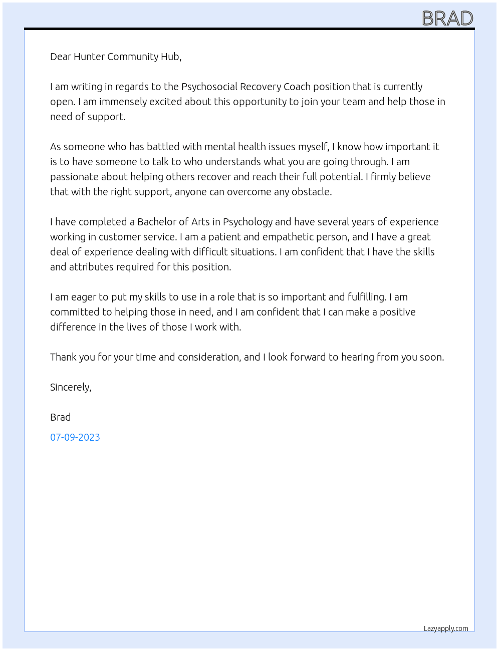 Psychosocial Recovery Coach  At Hunter Community Hub Cover Letter