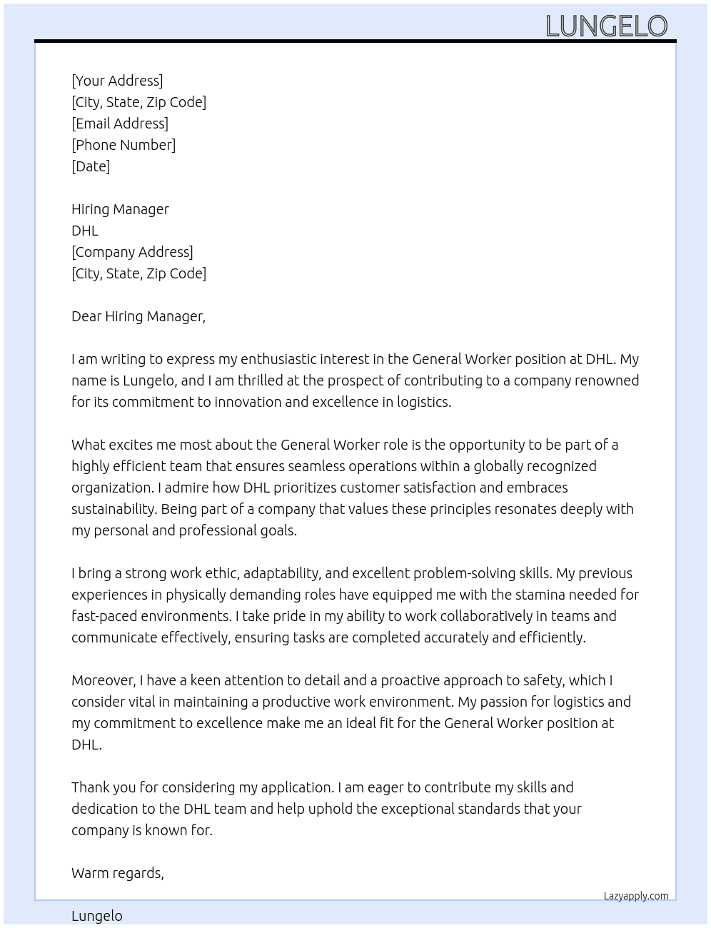 General Worker  At DHL Cover Letter