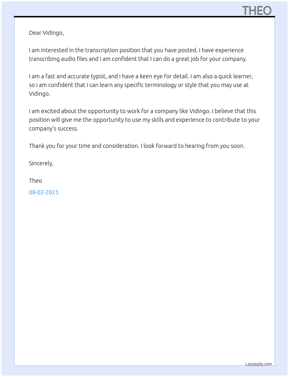 Transcription At Vidingo Cover Letter