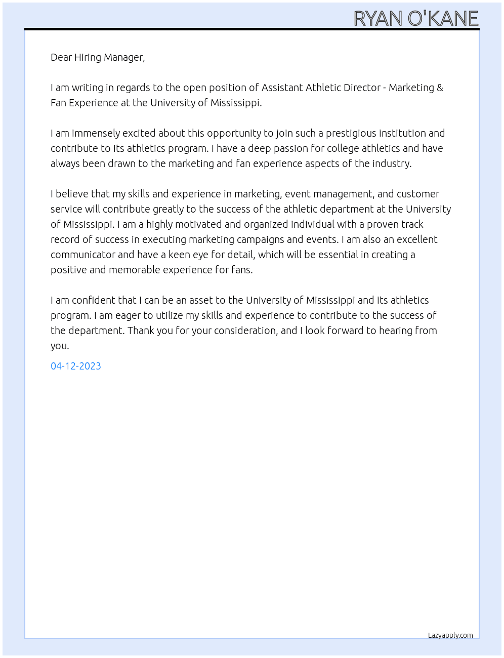 Assistant Athletic Director - Marketing & Fan Experience At University of Missippi Cover Letter
